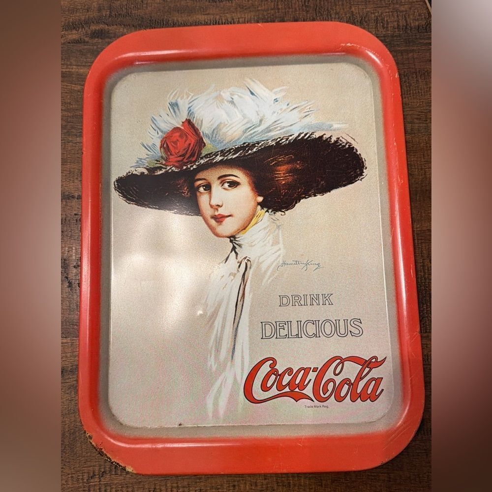 Coca-Cola Metal Serving Tray with Red Trim and Vintage Lady Illustration